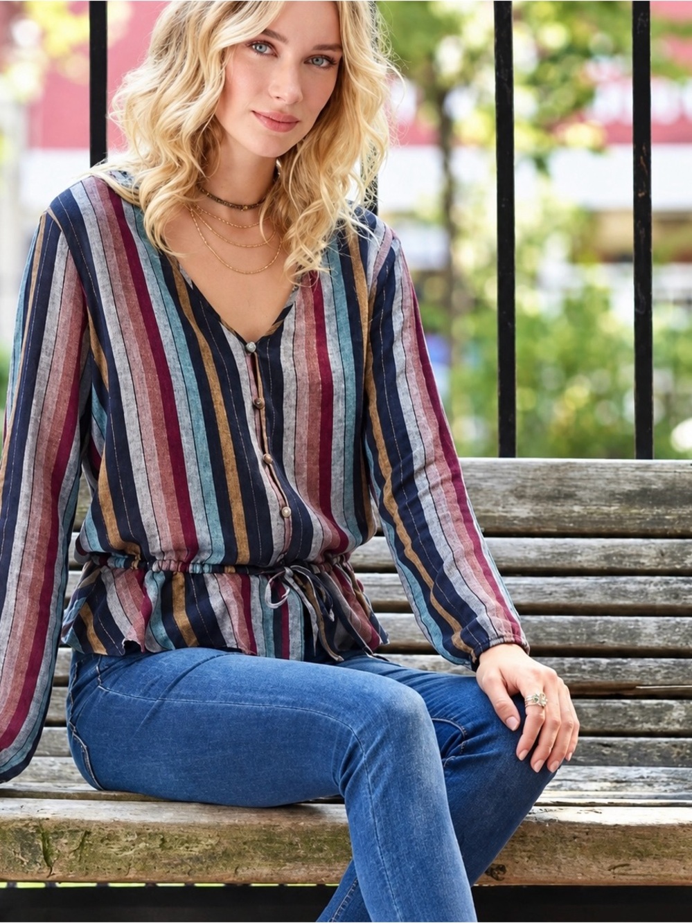 Rails Beaux Varadero Stripe Metallic Tie Waist Top Linen Blend Casual Size M